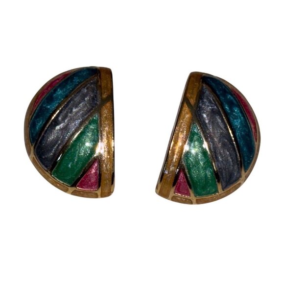 Multi-Color Enamel & Gold-Tone Half Hoop Earrings - Picture 6 of 6